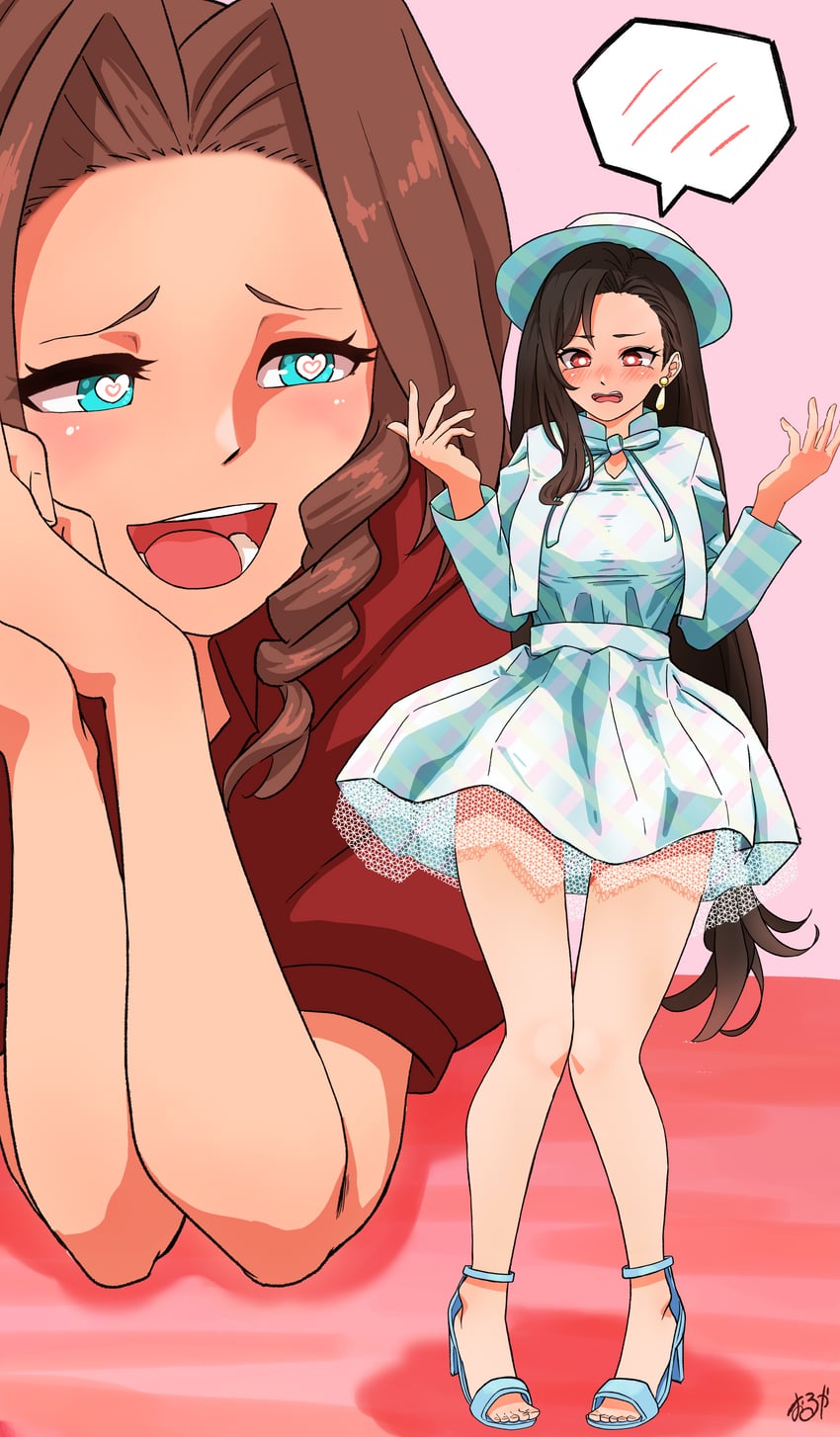 tifa lockhart, aerith gainsborough, barbie, and stereotypical barbie (final fantasy and 2 more) drawn by wolkat
