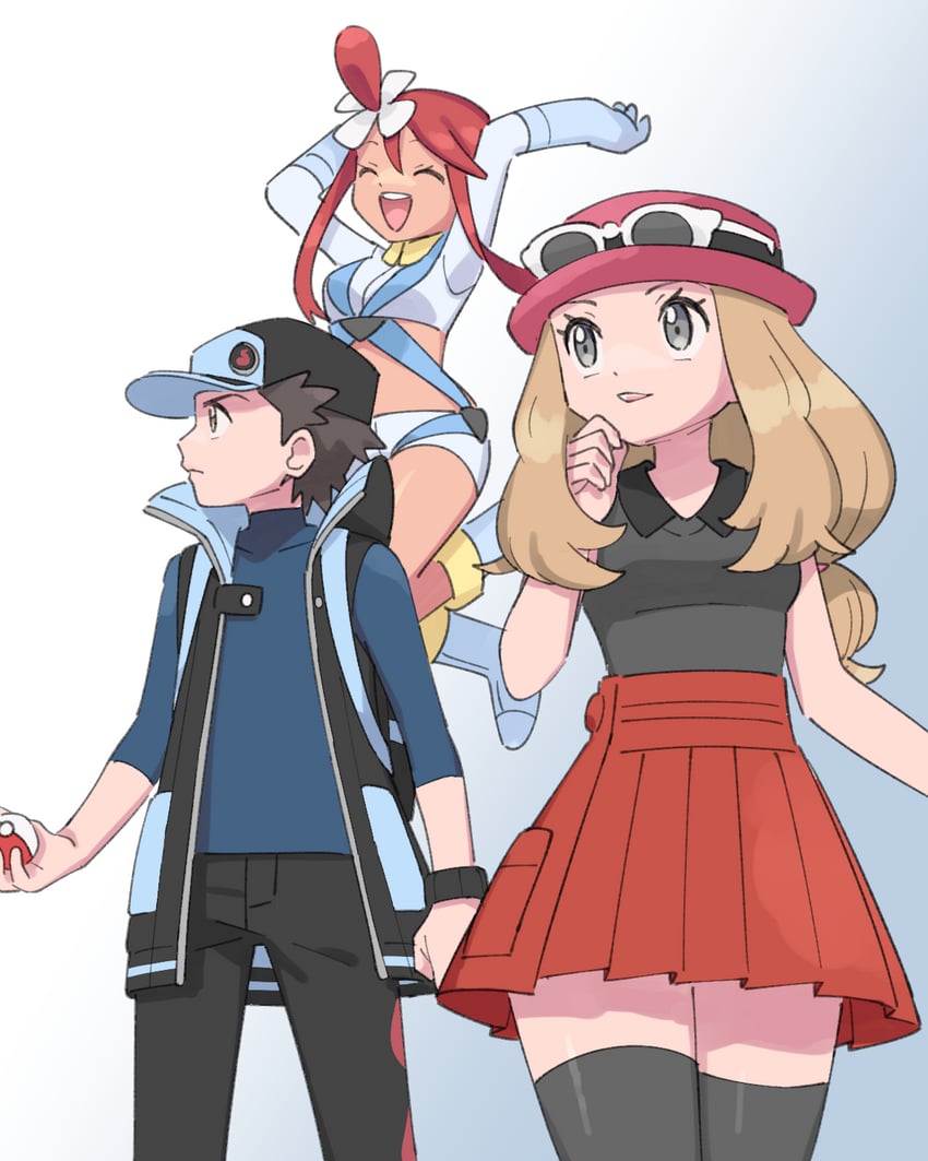 red, serena, and skyla (pokemon and 2 more) drawn by pumpkinpan