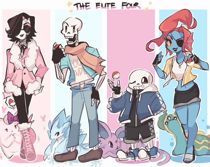 espeon, sans, papyrus, undyne, mettaton, and 4 more (pokemon and 1 more) drawn by charamells