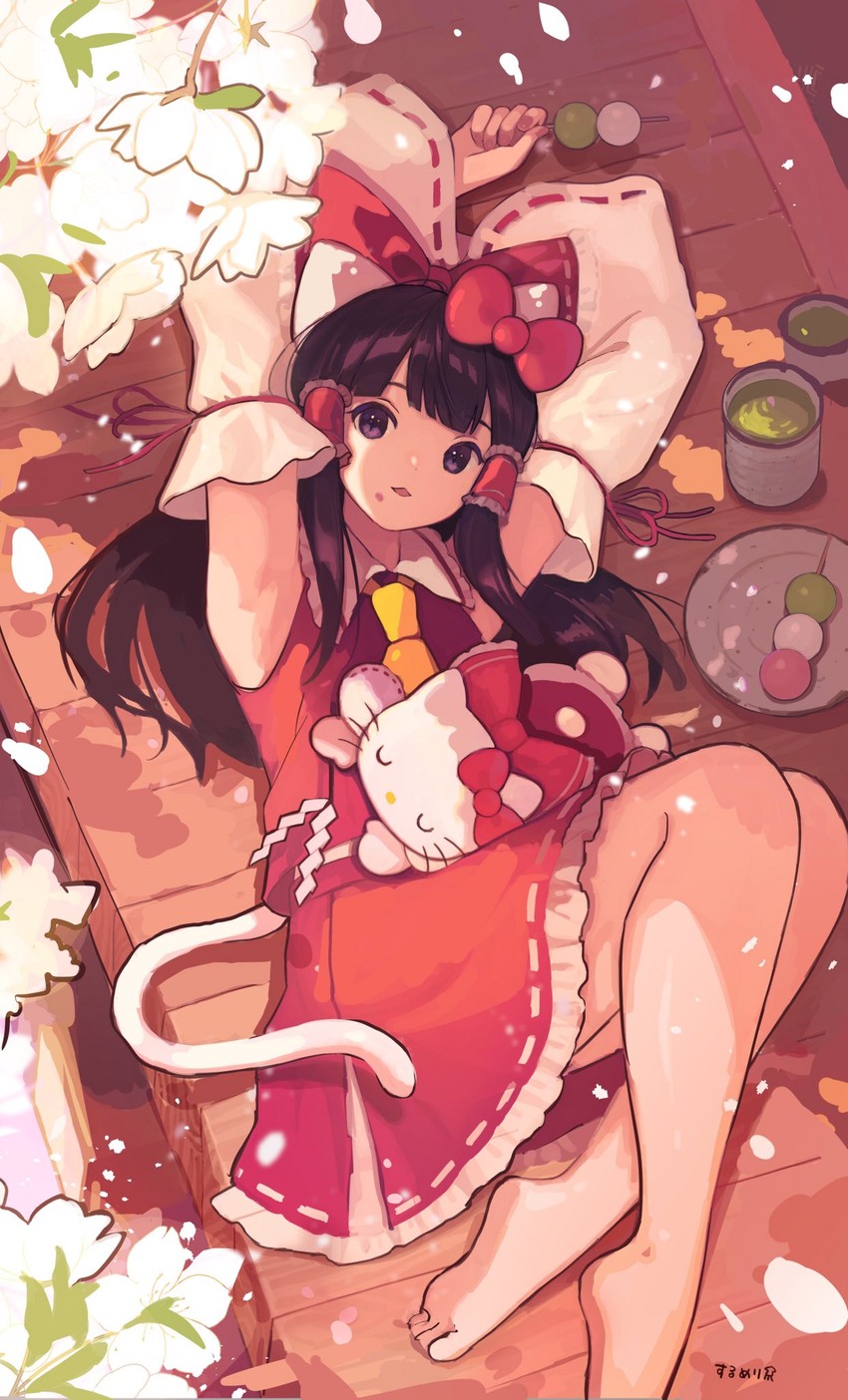 hakurei reimu and hello kitty (touhou and 2 more) drawn by surumeri_(baneiro)