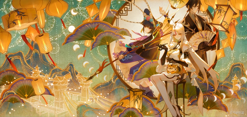 zhongli, ningguang, and yun jin (genshin impact) drawn by mi_lan