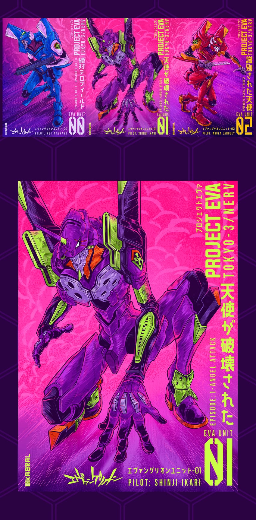 eva 02, eva 01, and eva 00 (neon genesis evangelion) drawn by fabricio_kabral