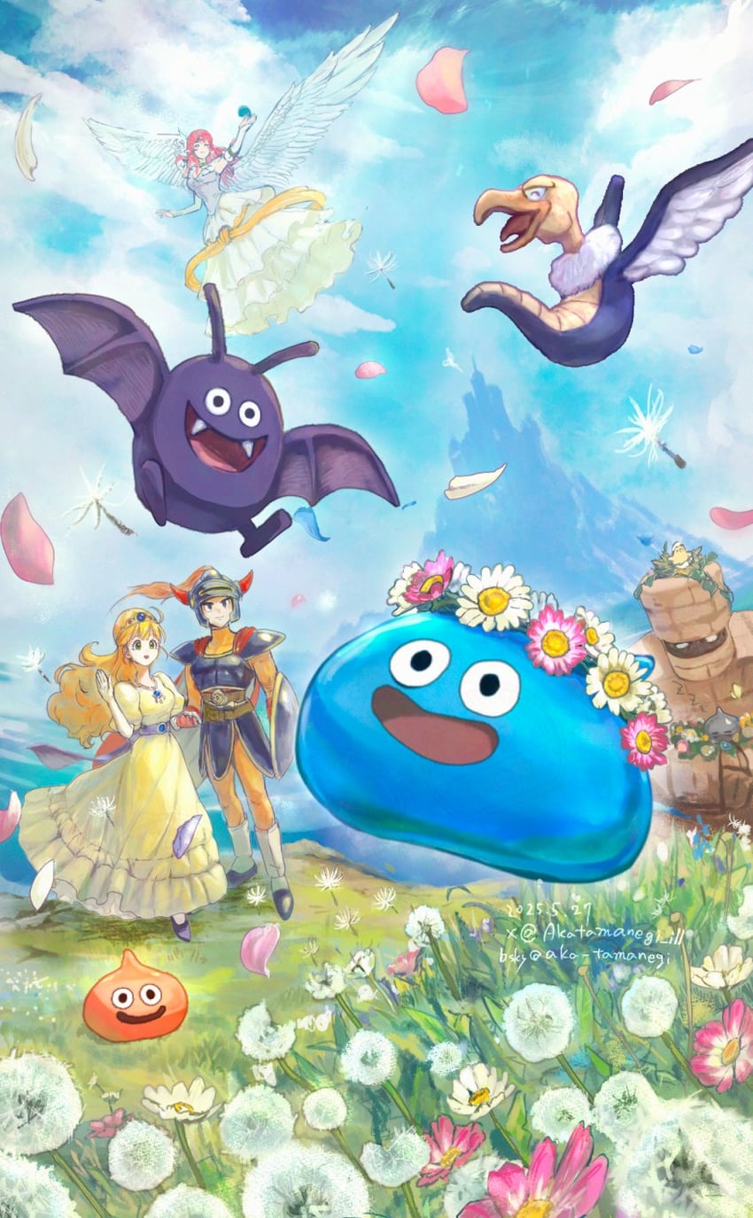 slime, hero, princess laura, dracky, metal slime, and 4 more (dragon quest and 1 more) drawn by akatamanegi_ill