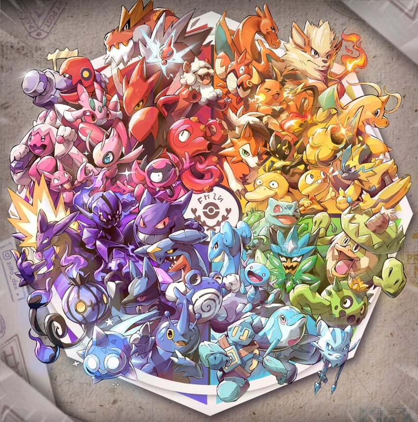 rotom, charizard, lucario, gengar, bulbasaur, and 34 more (pokemon) drawn by zitto_dex
