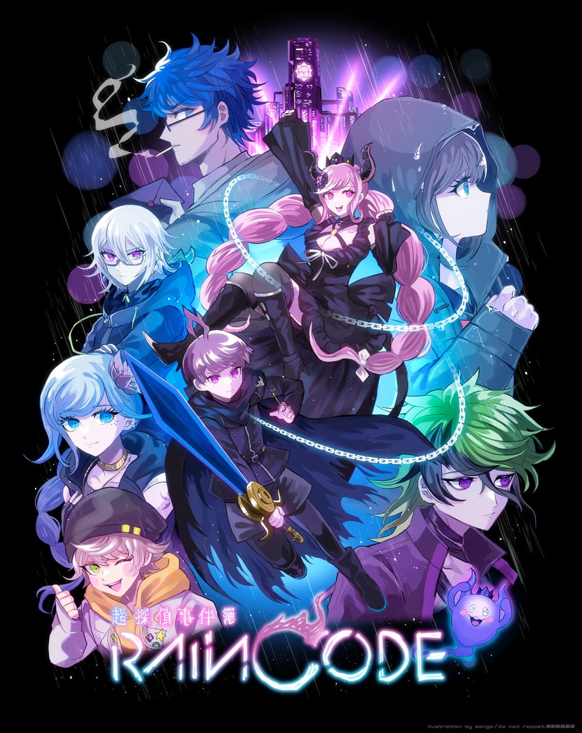 shinigami, yuma kokohead, halara nightmare, vivia twilight, desuhiko thunderbolt, and 3 more (master detective archives: rain code) drawn by airagency1005