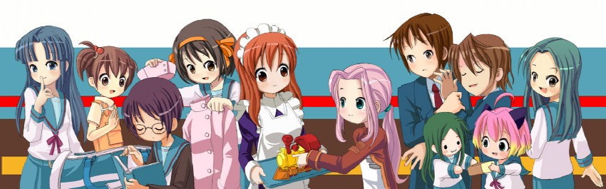 suzumiya haruhi, nagato yuki, asahina mikuru, kyon, asakura ryoko, and 6 more (suzumiya haruhi no yuuutsu and 2 more) drawn by sixten