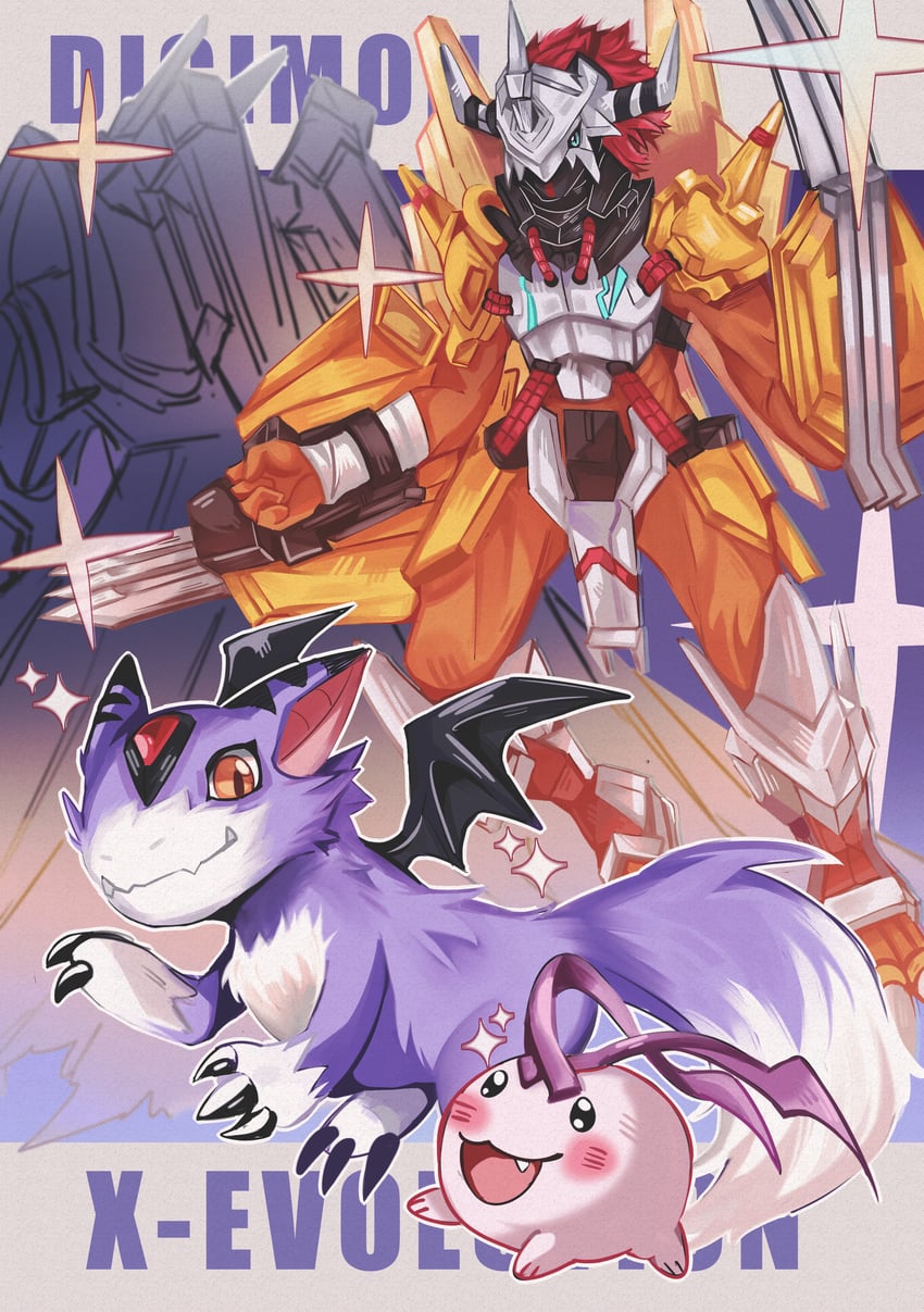 wargreymon, alphamon, tokomon, dorumon, tokomon x-antibody, and 1 more (digimon and 1 more) drawn by felichiii