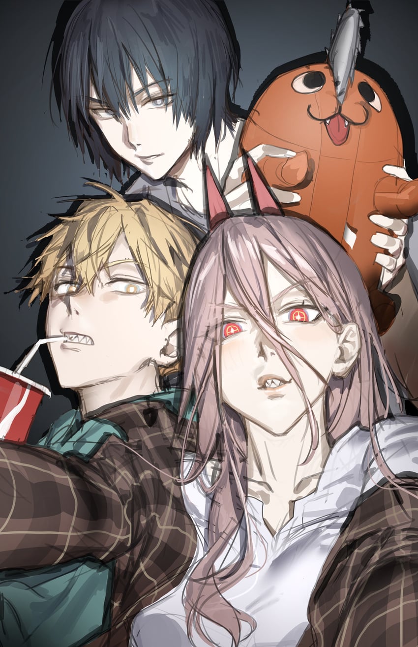 power, denji, hayakawa aki, and pochita (chainsaw man) drawn by chamuring
