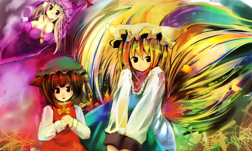 yakumo yukari, yakumo ran, and chen (touhou) drawn by kukumu