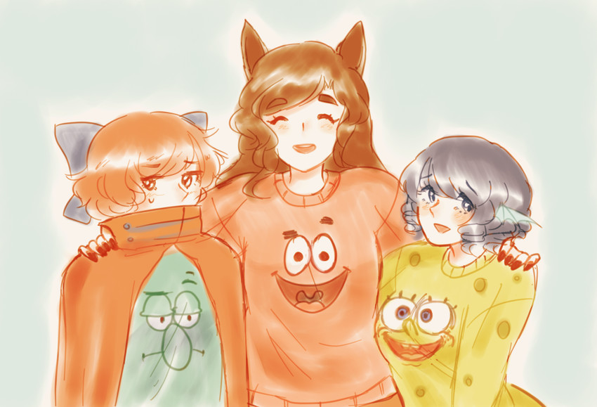 imaizumi kagerou, sekibanki, wakasagihime, spongebob squarepants, patrick star, and 1 more (touhou and 1 more) drawn by orz_(kagewaka)