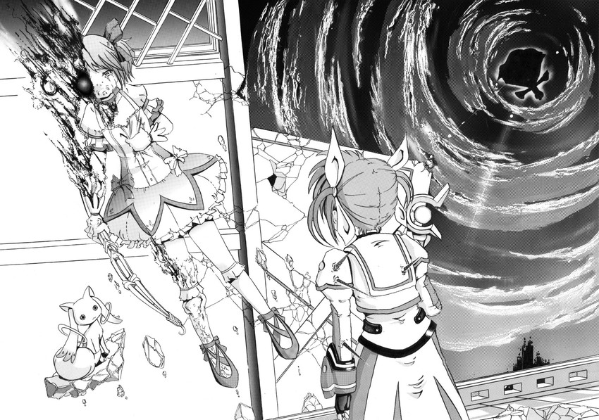 kaname madoka, kyubey, takamachi nanoha, raising heart, and walpurgisnacht (mahou shoujo madoka magica and 3 more) drawn by sib
