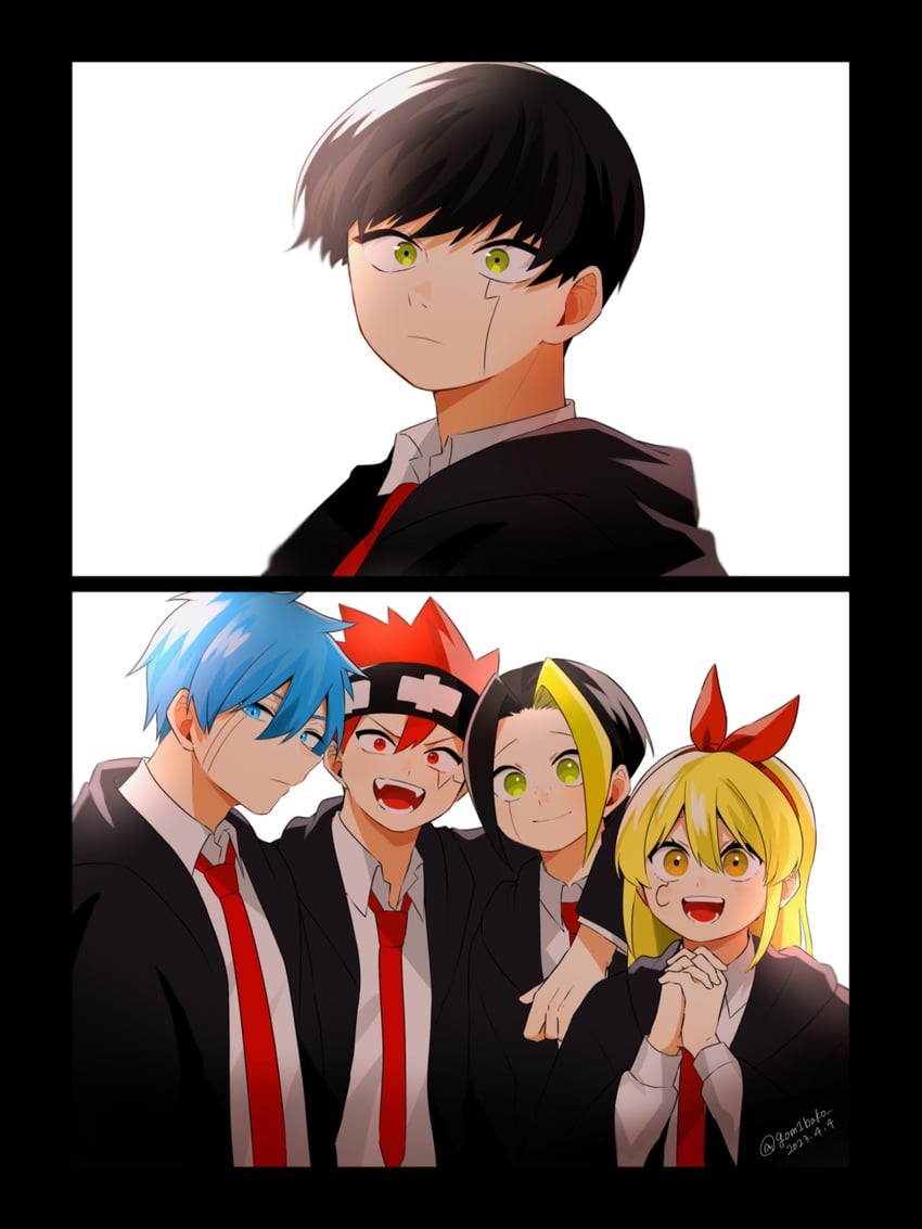 mash burnedead, finn ames, lance crown, lemon irvine, and daut barret (mashle) drawn by genjitsu_o_miro