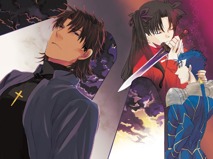 tohsaka rin, cu chulainn, and kotomine kirei (fate and 1 more) drawn by hali