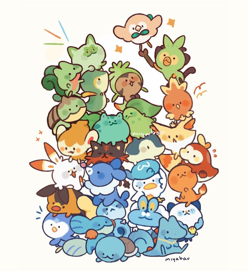 rowlet, piplup, bulbasaur, sprigatito, scorbunny, and 22 more (pokemon) drawn by miyabau