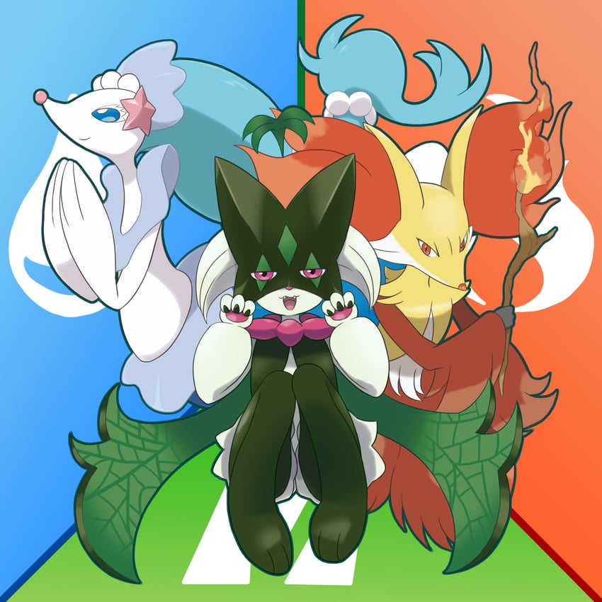 meowscarada, primarina, and delphox (pokemon) drawn by mameshiba_(pixiv_59310)
