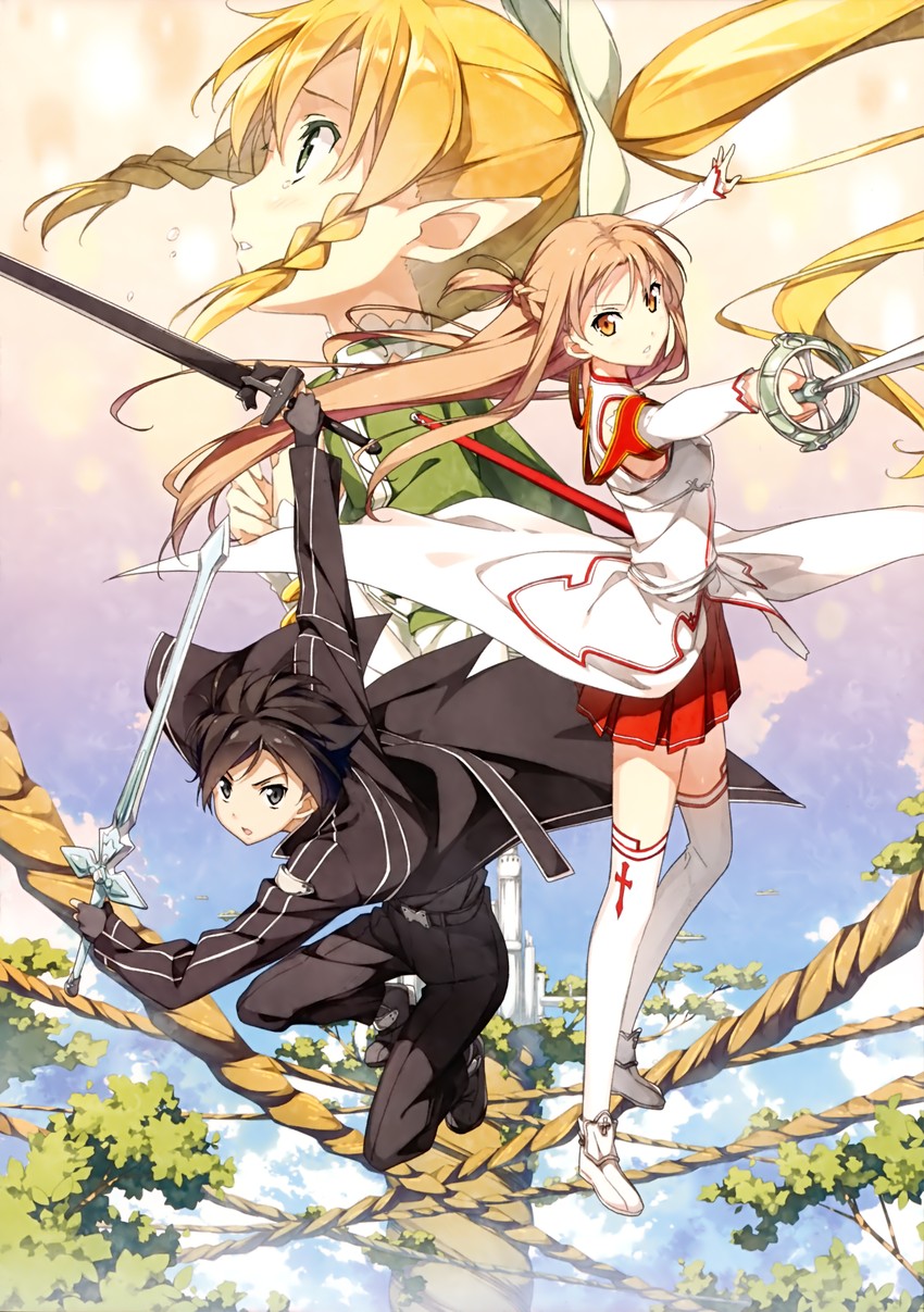 asuna, kirito, and leafa (sword art online) drawn by kantoku