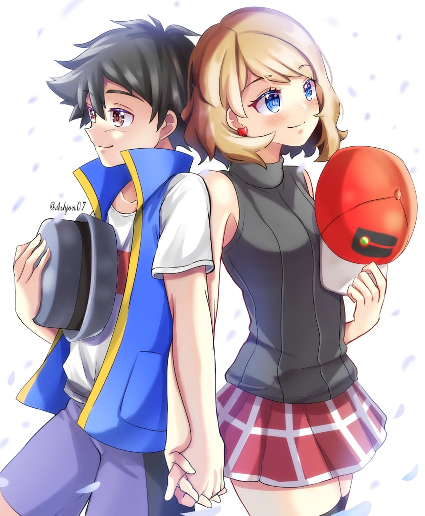 ash ketchum and serena (pokemon and 1 more) drawn by ashujou