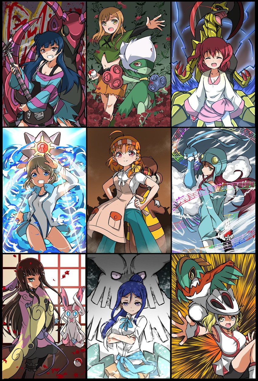 watanabe you, tsushima yoshiko, misty, sakurauchi riko, takami chika, and 22 more (pokemon and 7 more) drawn by amatume111