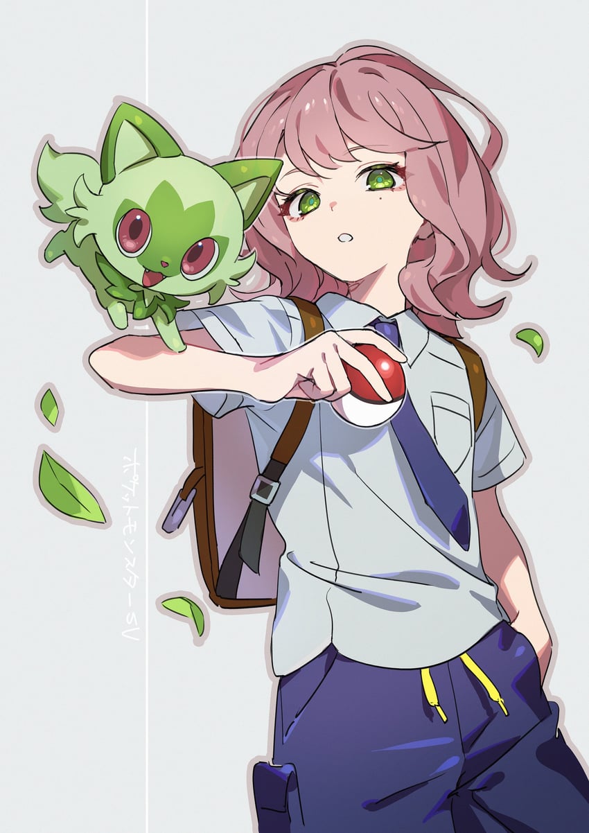 juliana and sprigatito (pokemon and 1 more) drawn by io_(sinking=carousel)