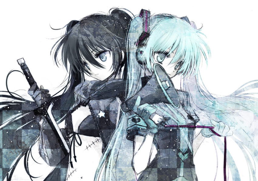 hatsune miku and black rock shooter (vocaloid and 2 more) drawn by hato_rami