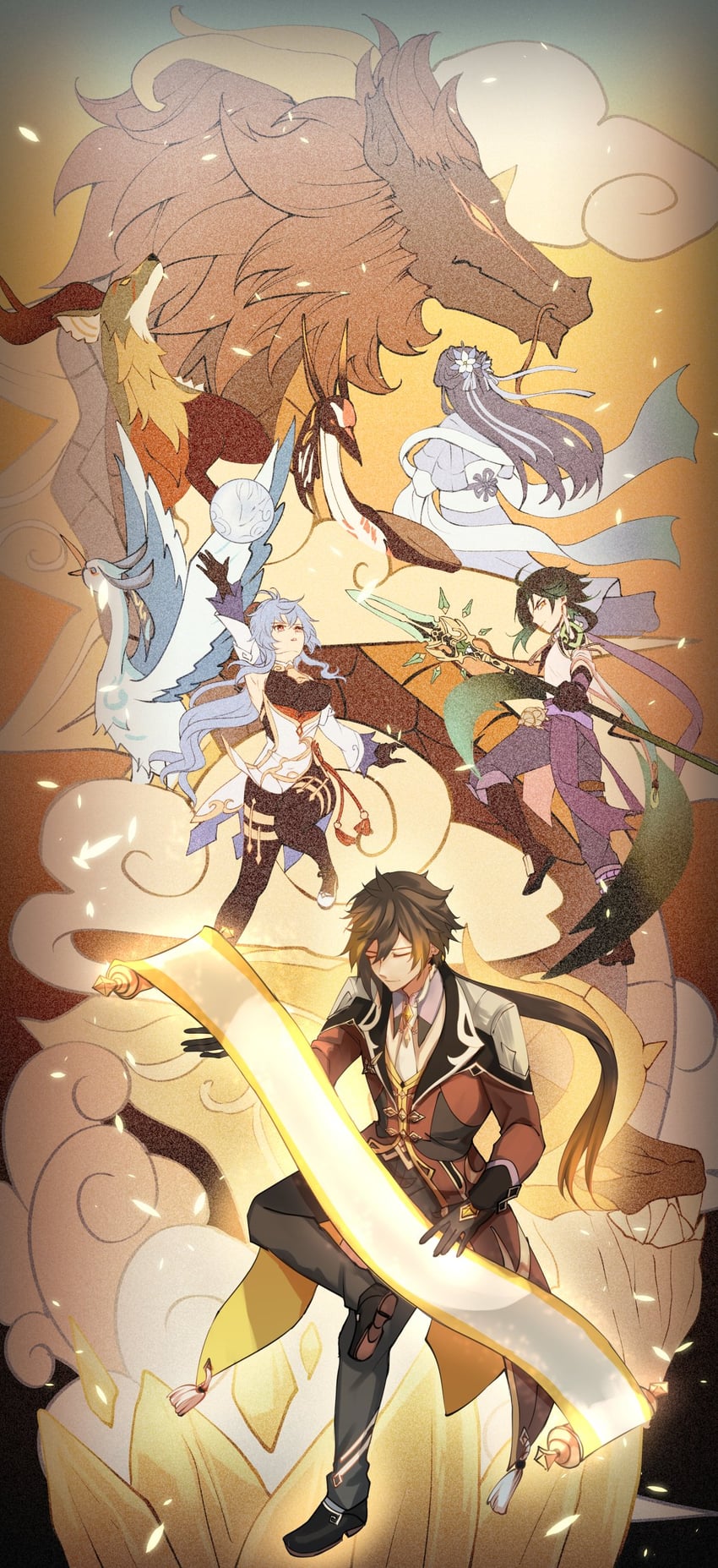 ganyu, zhongli, xiao, xianyun, rex lapis, and 5 more (genshin impact) drawn by rinnolatos