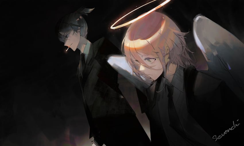 hayakawa aki and angel devil (chainsaw man) drawn by sevenchi