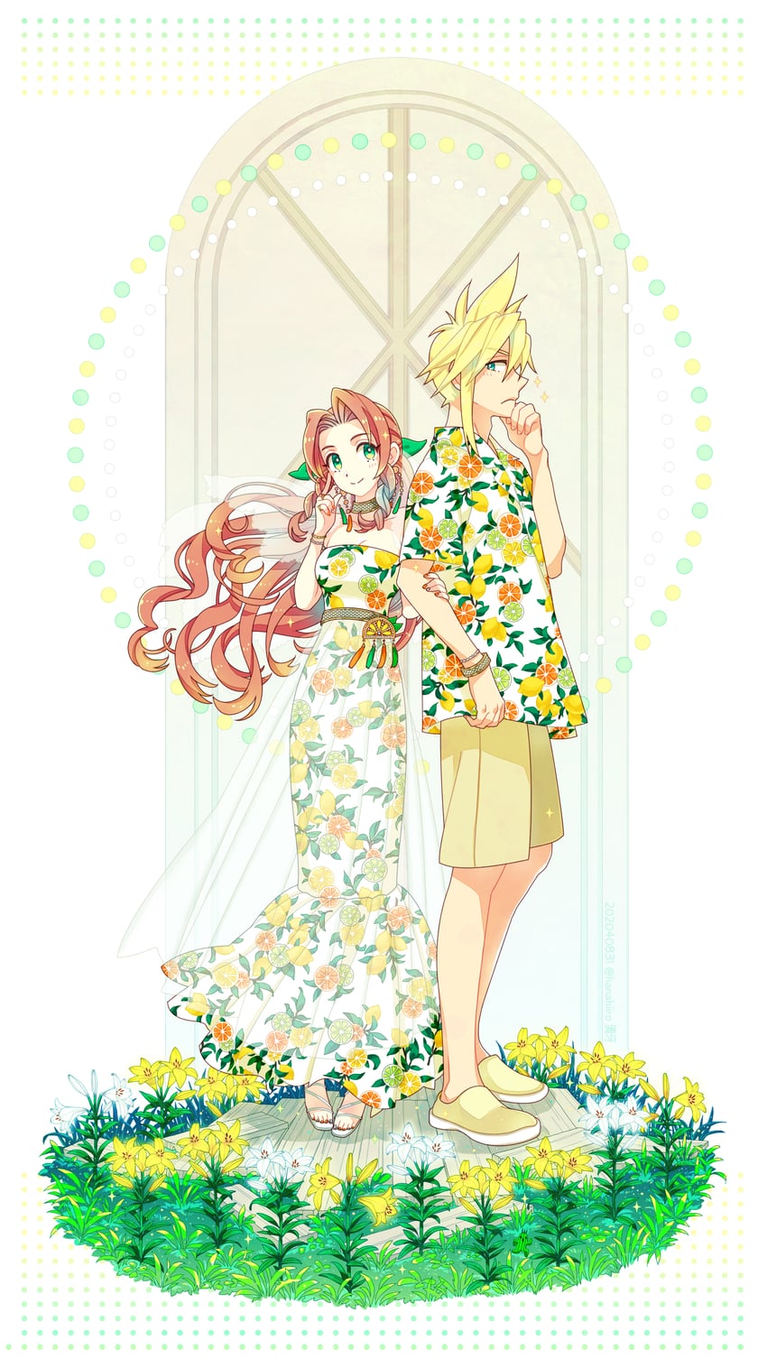 cloud strife and aerith gainsborough (final fantasy and 2 more) drawn by 39cva