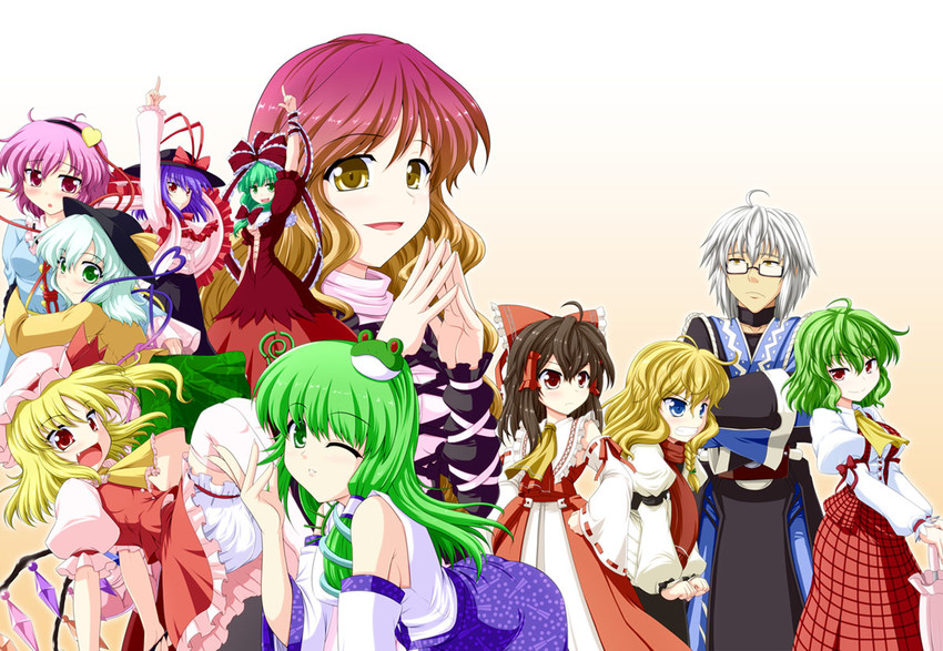 hakurei reimu, kirisame marisa, flandre scarlet, kochiya sanae, komeiji koishi, and 6 more (touhou and 1 more) drawn by bococho