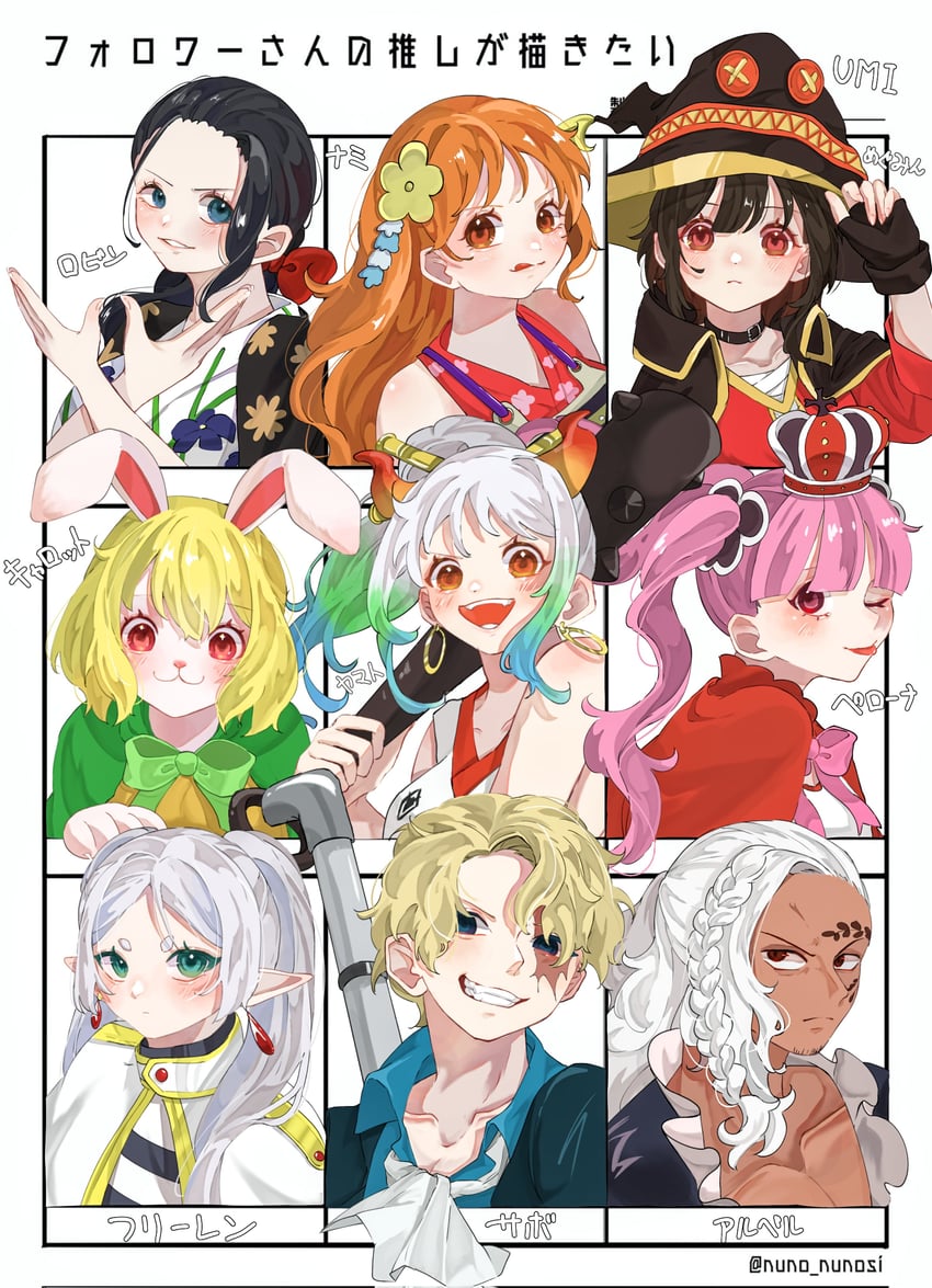 frieren, megumin, nami, nico robin, yamato, and 4 more (one piece and 2 more) drawn by u_mi031