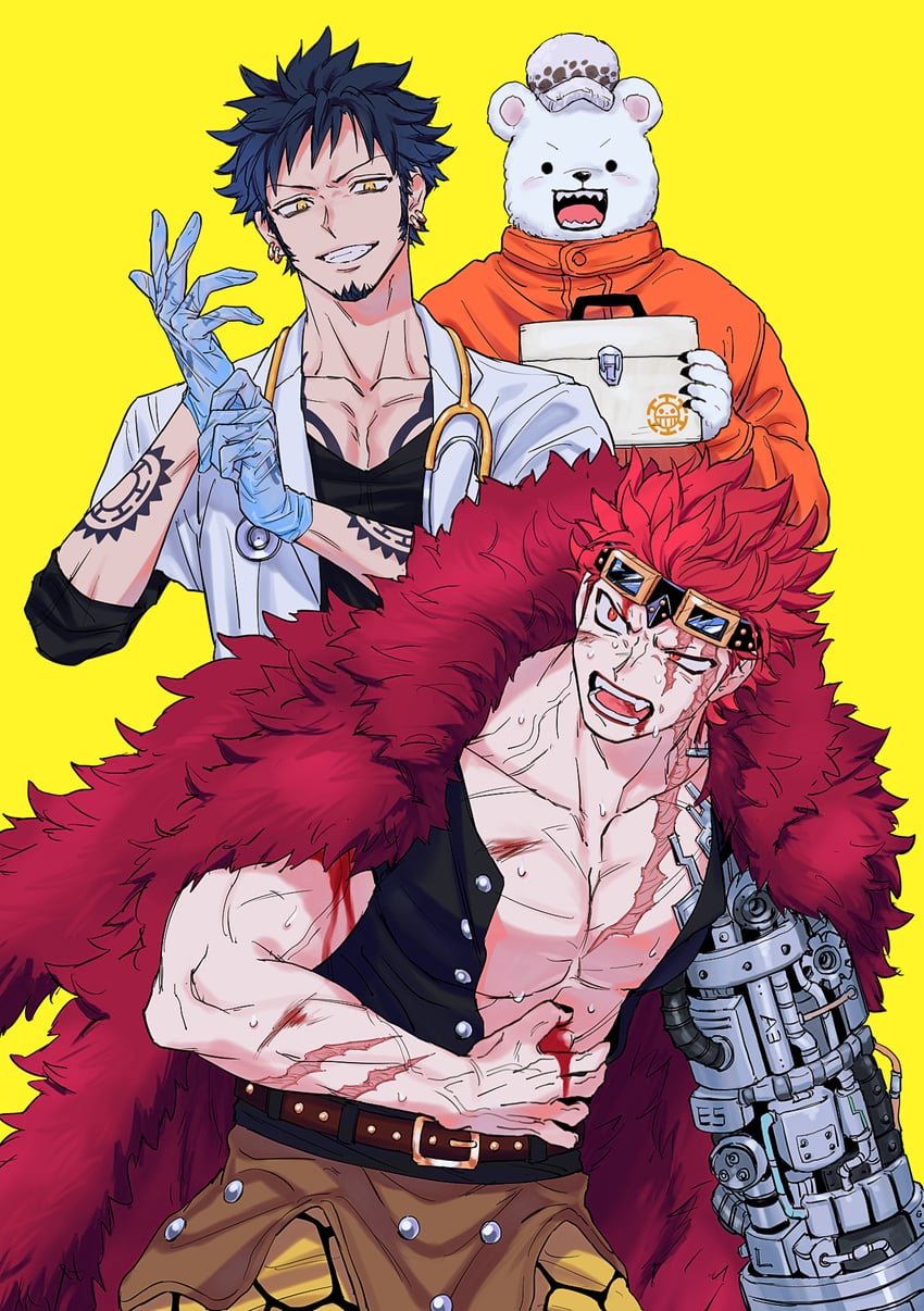 trafalgar law, eustass kid, and bepo (one piece) drawn by yakumo_(ykm)