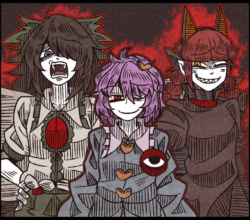 komeiji satori, kaenbyou rin, and reiuji utsuho (touhou) drawn by suenari_(peace)