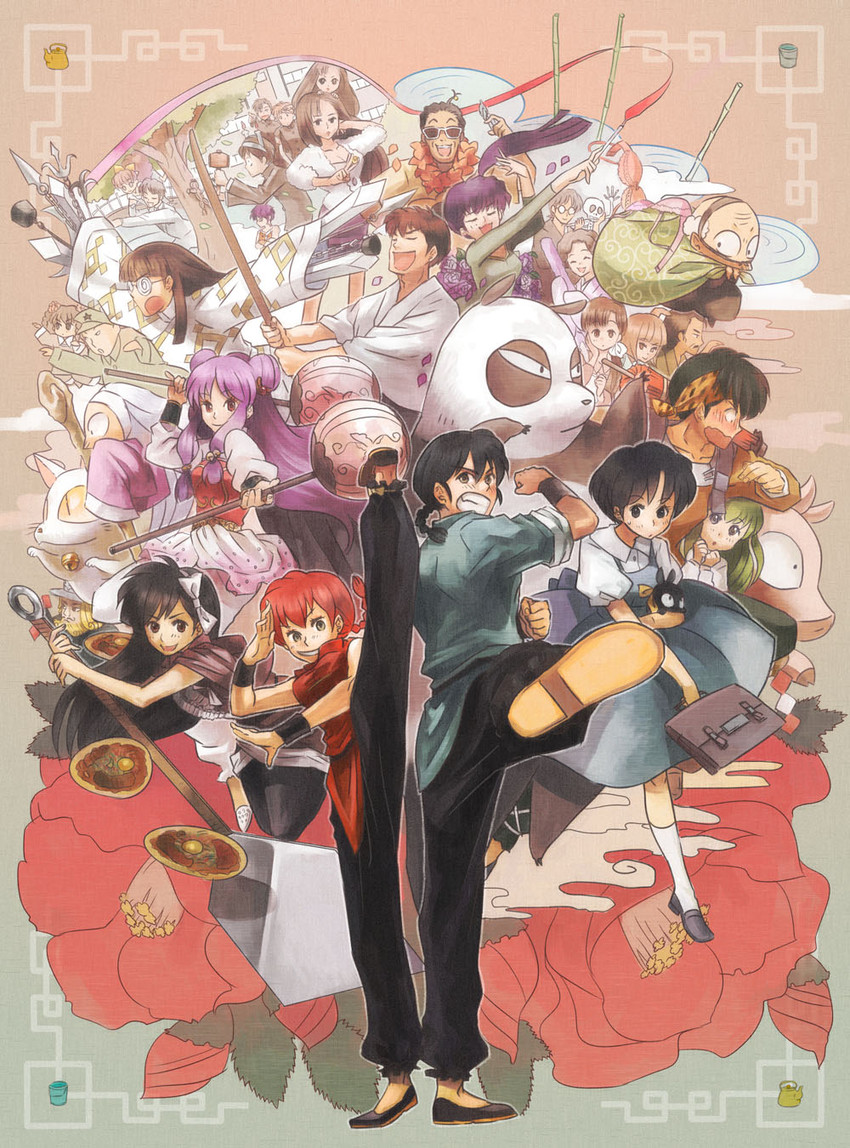 ranma-chan, shampoo, tendou akane, saotome ranma, p-chan, and 27 more (ranma 1/2) drawn by haruhashi