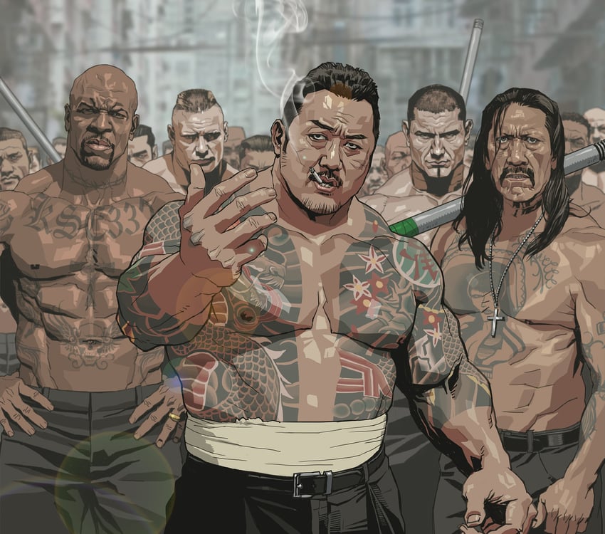 terry crews, dave bautista, ma dong-seok, danny trejo, brock lesnar, and 1 more (real life and 1 more) drawn by seung_eun_kim