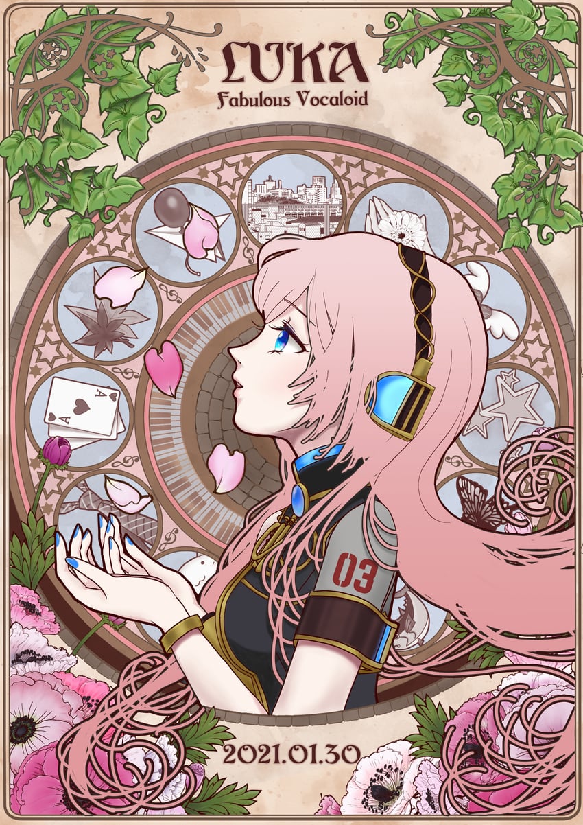 megurine luka (vocaloid and 7 more) drawn by mofmama