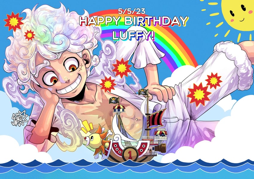 monkey d. luffy and thousand sunny (one piece) drawn by satsu_(satsscarlet)