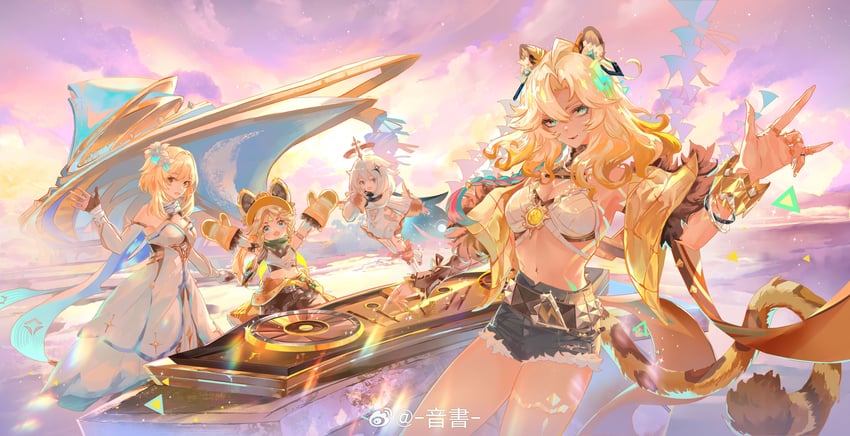 lumine, paimon, xilonen, and kachina (genshin impact) drawn by li0n_(kongshushiwo)