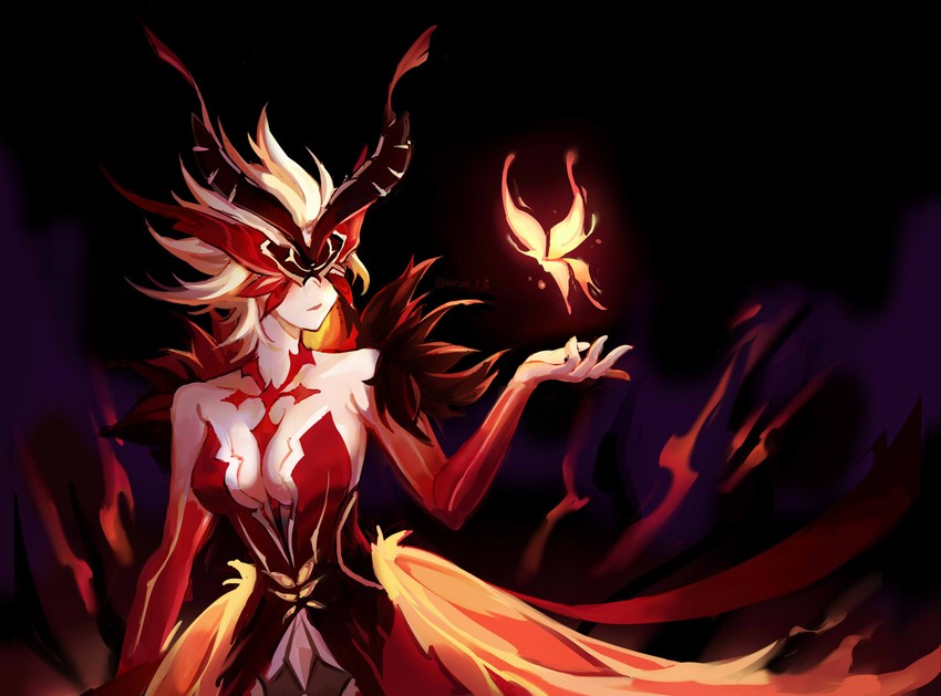 crimson lotus moth and signora (genshin impact) drawn by kirsty_(kirue_t)