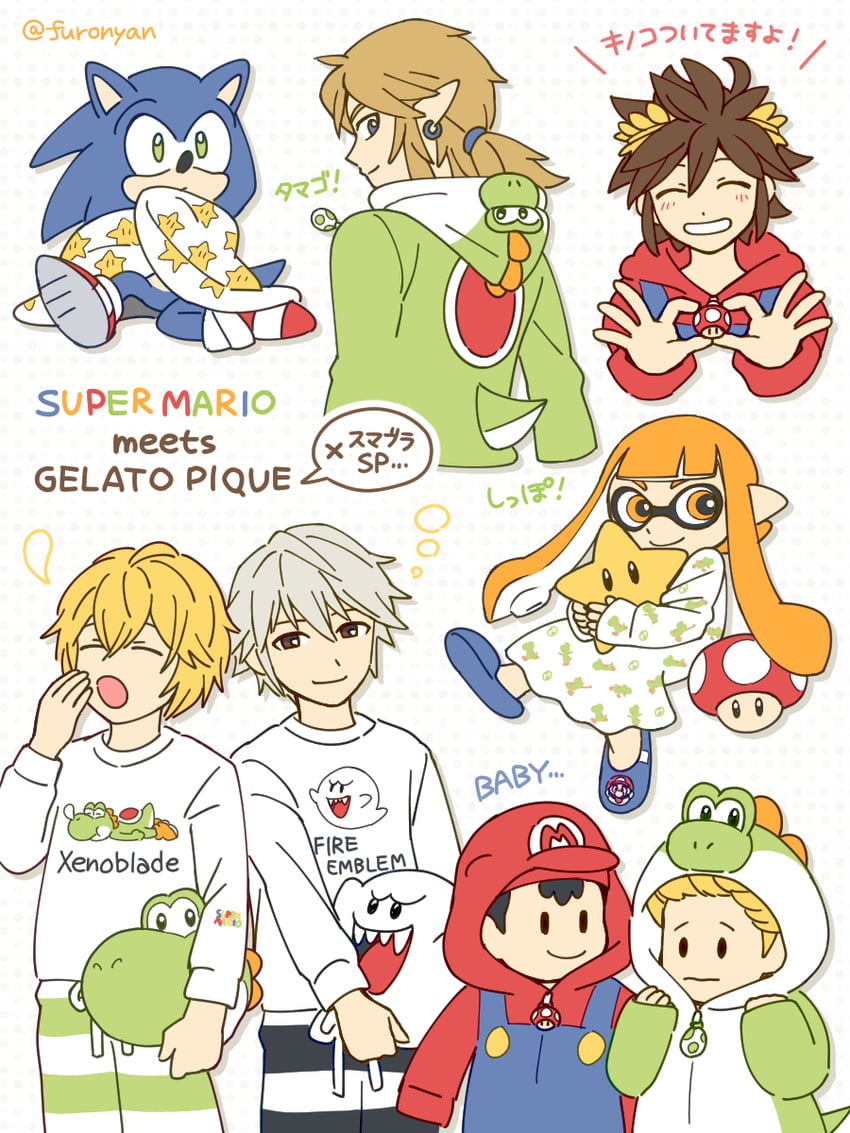 link, inkling player character, inkling girl, mario, sonic the hedgehog, and 7 more (the legend of zelda and 11 more) drawn by furono_(fuloru)