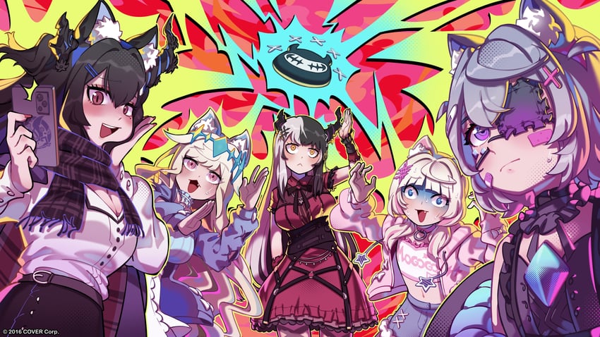 shiori novella, nerissa ravencroft, fuwawa abyssgard, mococo abyssgard, koseki bijou, and 1 more (hololive and 1 more) drawn by keenbiscuit