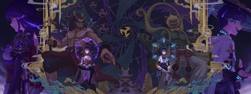raiden shogun, scaramouche, wanderer, raijin, and fuujin (genshin impact and 1 more) drawn by kuri_kuriku