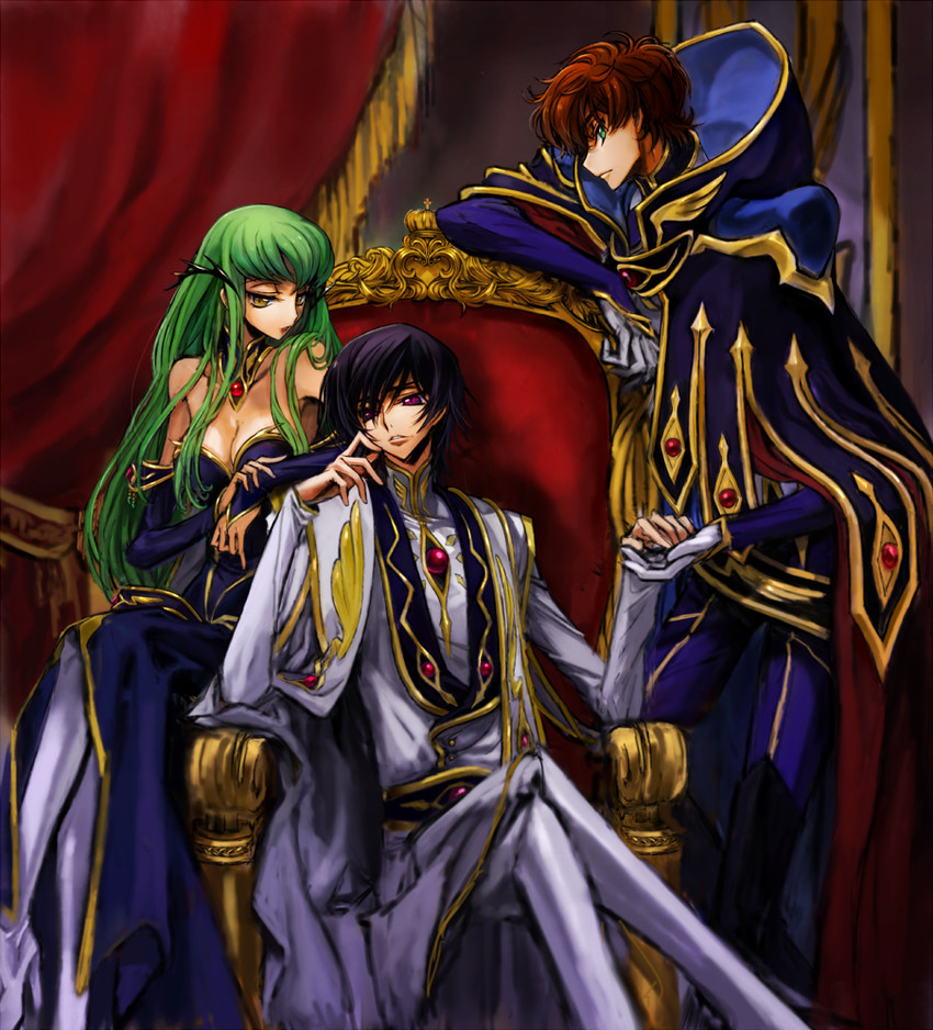 c.c., lelouch vi britannia, and kururugi suzaku (code geass) drawn by c_(rahit)