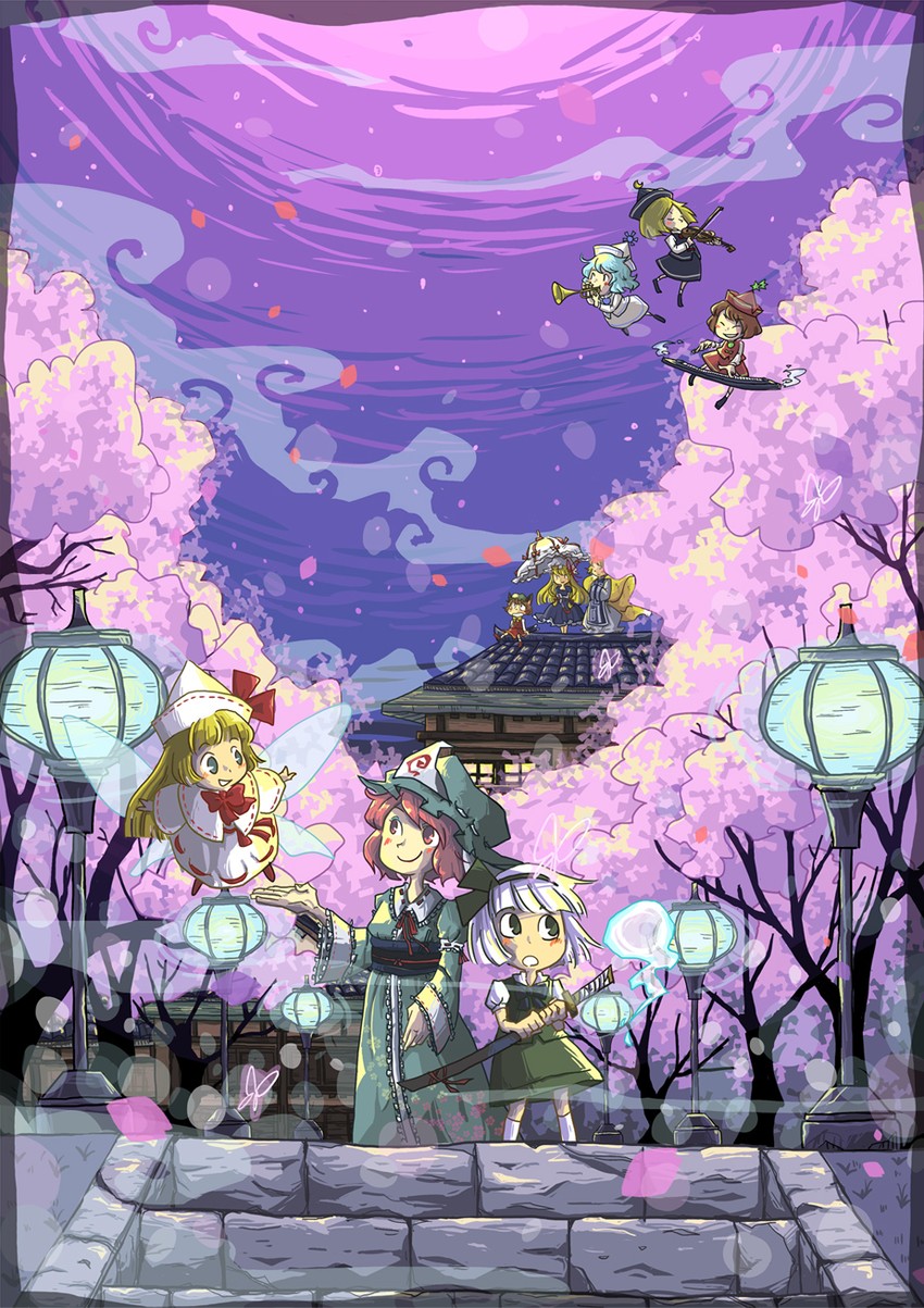konpaku youmu, yakumo yukari, saigyouji yuyuko, yakumo ran, chen, and 4 more (touhou and 1 more) drawn by marukei_(kuramaruk)