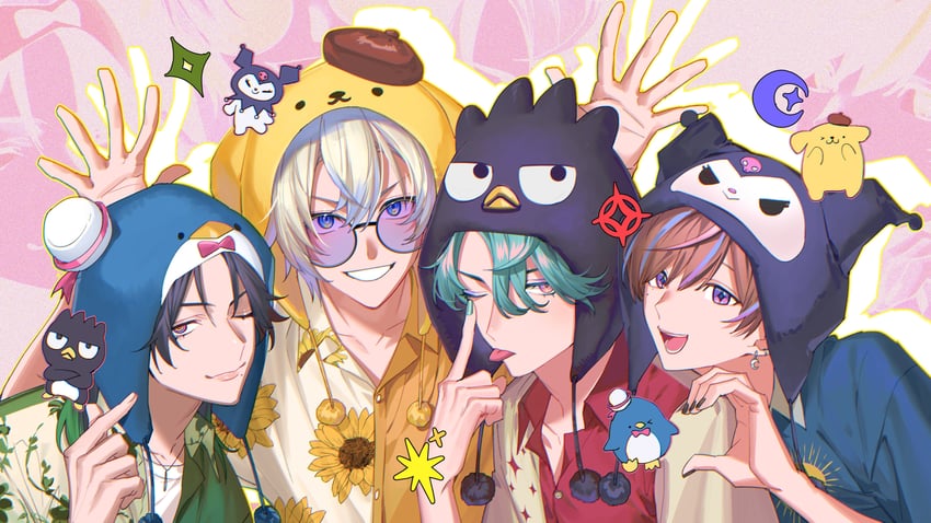 kuromi, pompompurin, badtz-maru, tuxedo sam, freodore, and 3 more (nijisanji and 3 more) drawn by kaohom503