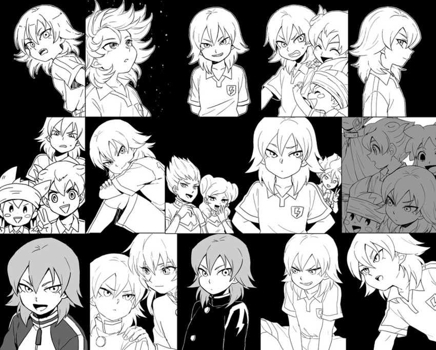 kirino ranmaru, kariya masaki, matsukaze tenma, tsurugi kyousuke, kiyama hiroto, and 4 more (inazuma eleven go and 1 more) drawn by riho