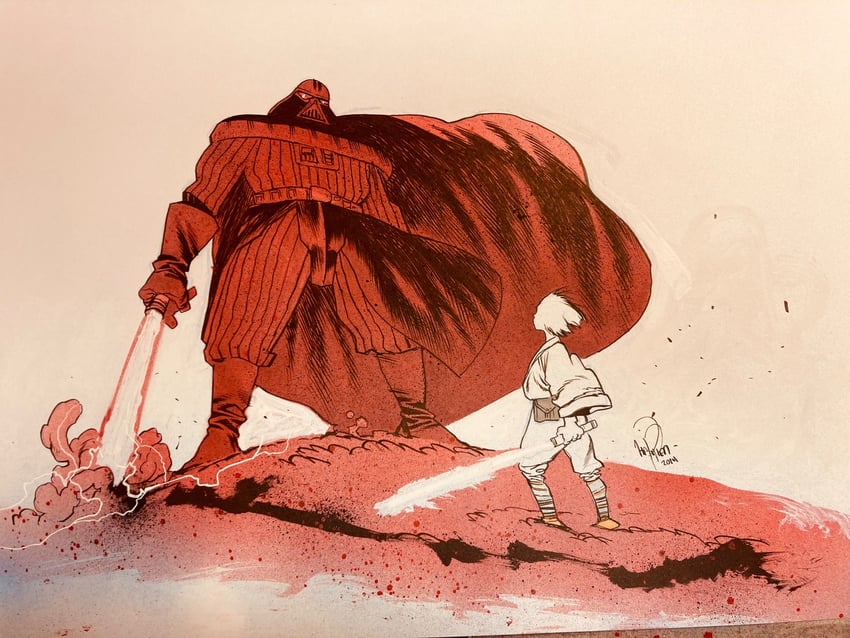 darth vader and luke skywalker (star wars) drawn by james_harren