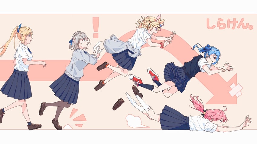 hoshimachi suisei, sakura miko, shirogane noel, shiranui flare, and omaru polka (hololive) drawn by hakua_(aiziro_039)