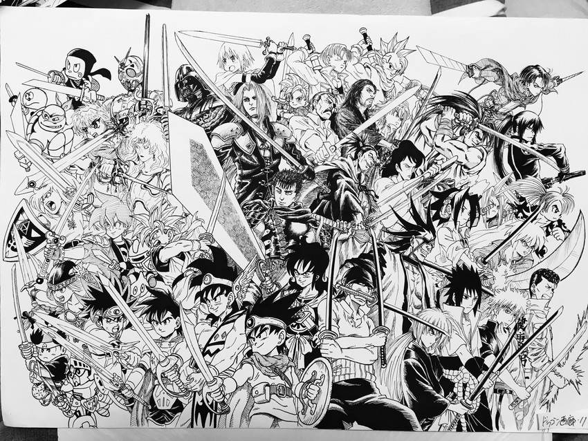 miki sayaka, link, roronoa zoro, sephiroth, uchiha sasuke, and 39 more (final fantasy and 45 more) drawn by lee_(dragon_garou)