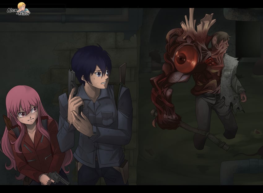 louise francoise le blanc de la valliere, hiraga saito, and william birkin (resident evil and 2 more) drawn by alex_kellar