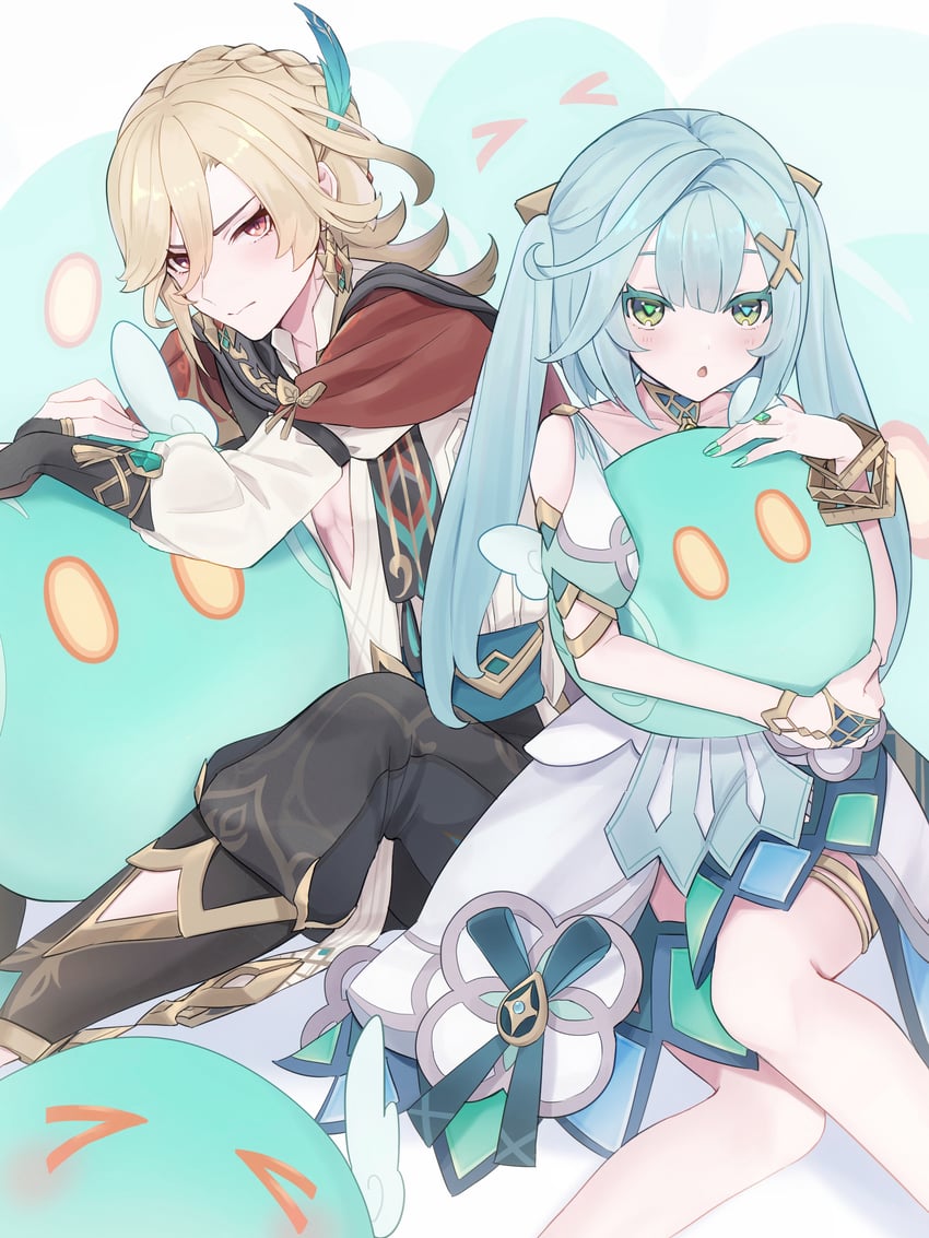 kaveh, slime, faruzan, and anemo slime (genshin impact) drawn by ura_(hamburg_oniku)