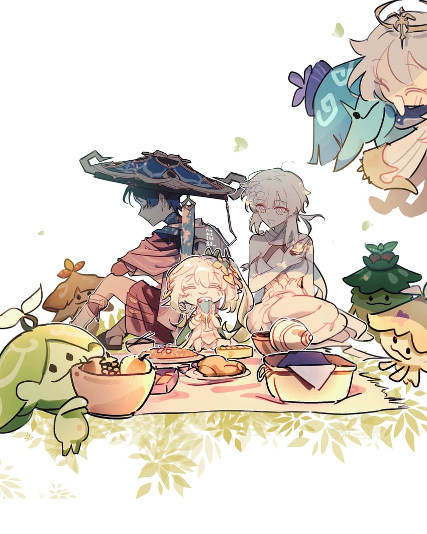 lumine, scaramouche, nahida, wanderer, paimon, and 1 more (genshin impact) drawn by rinnette88